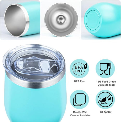 MEZMUT 12 Oz Insulated Wine Tumbler with Lid Double Wall Vacuum Stainless Steel Wine Glass Coffee Mug Insulated Tumbler Cup for Champaign, Cocktail, Beer (Teal, 4 Pack)