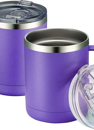 MEWAY 12oz Coffee Mug With Handle 2 Pack Bulk,Stainless Steel Insulated Travel Tumblers With Sliding Lid,Double Wall Vacuum Camping Cup for Hot & Cold Drinks Tea (Purple,Set of 2)