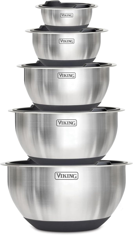 VIKING Mixing Bowls Set, 10 Piece Stainless Steel Kitchen Cookware, Non-Slip Silicone Base, Includes Tight Fit Lids, Dishwasher Safe, Black
