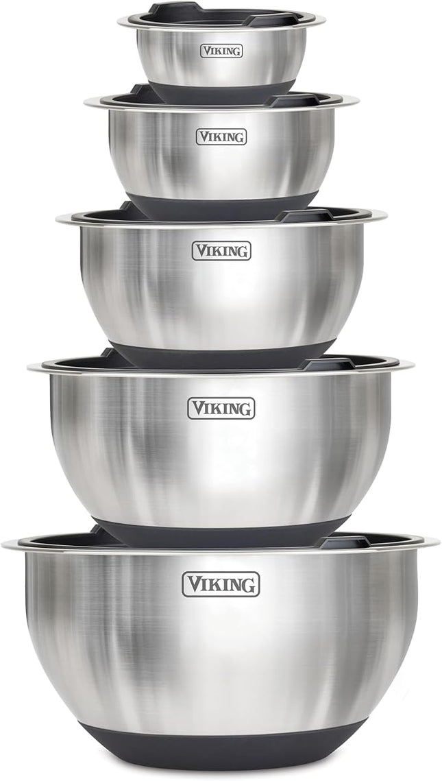VIKING Mixing Bowls Set, 10 Piece Stainless Steel Kitchen Cookware, Non-Slip Silicone Base, Includes Tight Fit Lids, Dishwasher Safe, Black