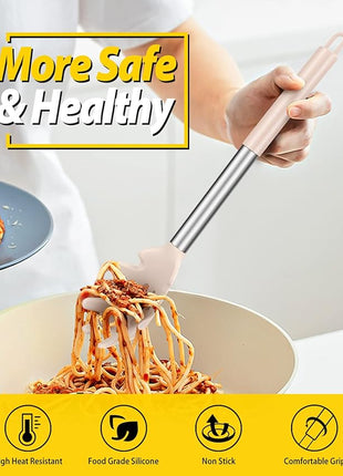 Silicone Pasta Fork and Ladle Spoon Set, Large Non Stick Kitchen Utensils for Cooking,Stirring,Serving Spaghetti, Soup, Sauce (KHAKI)