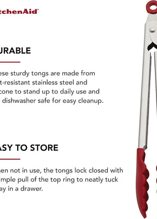 KitchenAid Silicone Stainless Steel Tongs, 12 Inch, Red