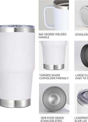 20 oz Stainless Steel Tumbler with Handle Bulk Metal Insulated Tumblers Travel Coffee Mug with Handle Double Wall Tumbler Cup with Lid and Straw, White 6 Pack
