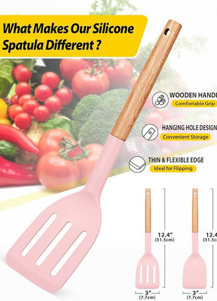 Pack of 2 Silicone Cooking Spatula, Heat Resistant Solid Turner, Non Stick Slotted Spatulas with Wooden Short Handle,Ideal Wood Kitchen Utensils Set for Frying, Baking, Flipping, Turning