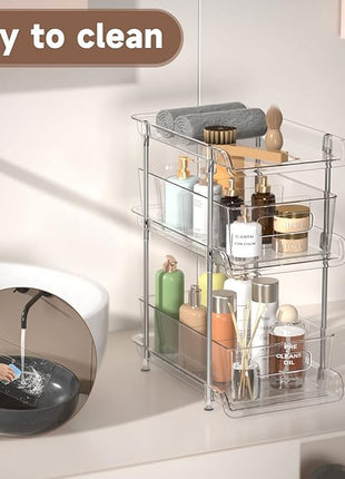 2Set 3 Tier Clear Bathroom Organizer with Dividers, Pull-Out Pantry Organization and Storage, Multi-Purpose Under Sink Organizers and Storage, Vanity Skincare Cosmetic Closet Organizer Medicine Bins