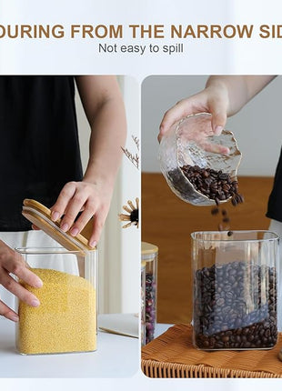 Liuruiyu Glass Storage Jars 12 * 8cm [Set of 6],Clear Glass Food Storage Containers with Airtight Bamboo Lid Stackable Kitchen Canisters for Candy,Cookie,Rice,Sugar,Flour,Pasta(Square)