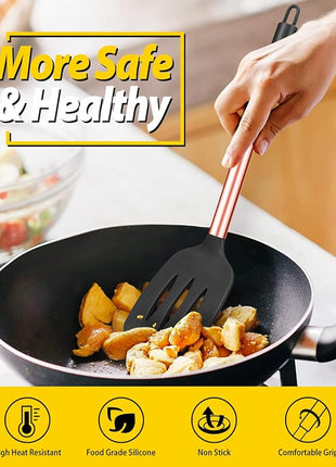Pack of 4 Silicone Cooking Utensils Set, Non Stick Large Solid Spatulas, Heat Resistant Rose Gold Black Slotted Spoons, Ideal BPA Free Kitchen Turners for Frying, Mixing,Serving,Draining,Turning