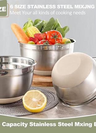 Umite Chef Mixing Bowls with Airtight Lids, 6 piece Stainless Steel Metal Nesting Storage Bowls, Non-Slip Bottoms Size 7, 3.5, 2.5, 2.0,1.5, 1QT, Great for Mixing & Serving (Khaki)