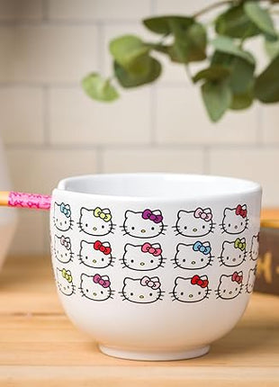 Silver Buffalo Sanrio Hello Kitty Face with Different Color Bows Pattern Ceramic Ramen Noodle Rice Bowl with Chopsticks, Microwave Safe, 20 Ounces