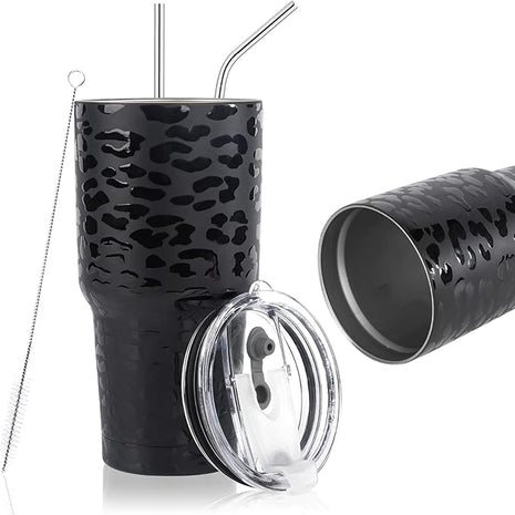 D·S 30oz Black Leopard Tumbler Stainless Steel Insulated Travel Mug with Straw Lid Cleaning Brush