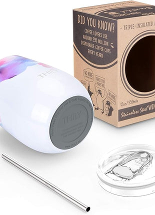 THILY Stainless Steel Insulated Wine Tumbler Stemless Wine Glass with Lid and Straw, Splash-proof, Cute Travel Cup for Coffee, Cocktails, Christmas Gift for Women, Mother, Wife, Girls, Pink Lilies