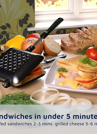 Jean-Patrique Stovetop Panini Grill Press Sandwich Maker, Black – Ceramic Nonstick Grilled Cheese Maker with Handles - Indoor & Outdoor Double-sided Sandwich Toaster