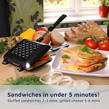 Jean-Patrique Stovetop Panini Grill Press Sandwich Maker, Black – Ceramic Nonstick Grilled Cheese Maker with Handles - Indoor & Outdoor Double-sided Sandwich Toaster