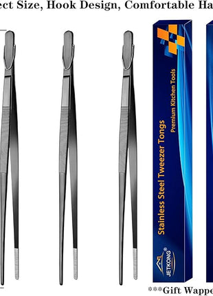 JETKONG 12-Inch Cooking Tweezers Tongs Precision Serrated Tips Stainless Steel Chef Tweezer, Set of 3 (12 12 12 Inch, Black)
