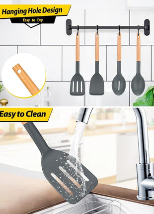 Pack of 4 Silicone Cooking Utensils Set, Non Stick Solid Spatulas and Heat Resistant Slotted Spoons with Wooden Handle, Ideal Wood Kitchen Utensils Set for Frying,Serving,Turning,Stirring (GRAY)