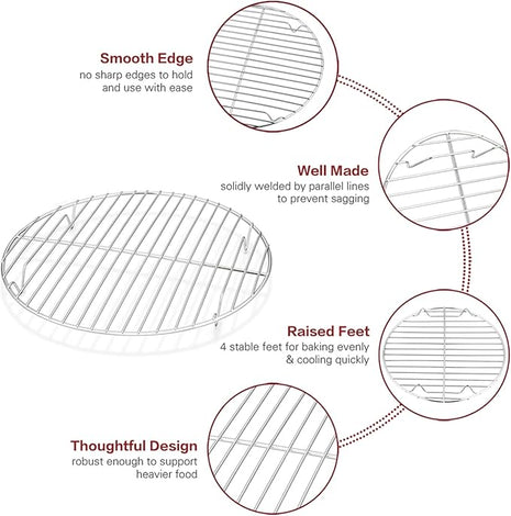 TeamFar Round Cooling Rack Set of 2, 10½ Inch Round Wire Baking Steaming Roasting Rack Set Stainless Steel, Healthy & Mirror Finish, Oven & Dishwasher Safe