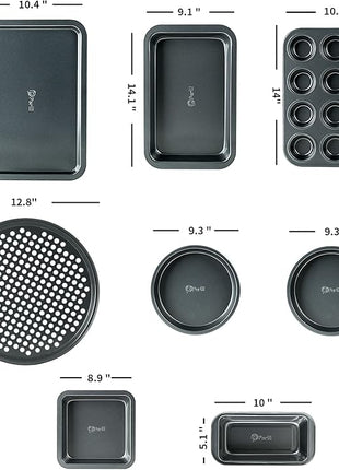 Perlli Baking Pan 8 Piece Set Nonstick Carbon Steel Gray Oven Safe Bakeware Kitchen Set, Cookie Sheet, 2 Round Cake Pans, Square Pan, Loaf Pan, Deep Dish Pan, Pizza Crisper, & 12 Cup Muffin Pan