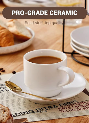 Lareina 8 Ounce Porcelain Cappuccino Cups Set of 4, Stackable Coffee Cups with Saucers, Spoons and Metal Stand -for Specialty Coffee Drinks, Cappuccino, Latte, Americano and Tea, White