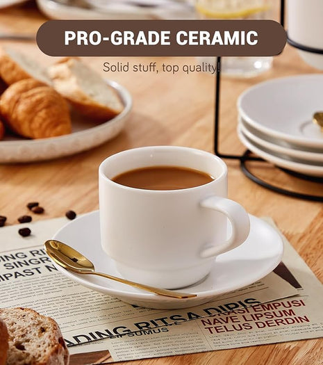 Lareina 8 Ounce Porcelain Cappuccino Cups Set of 4, Stackable Coffee Cups with Saucers, Spoons and Metal Stand -for Specialty Coffee Drinks, Cappuccino, Latte, Americano and Tea, White