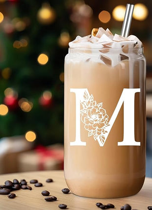 Coolife Initial Glass Cup, Monogrammed Gifts for Women, 16 oz Glass Cups w/Lids Straws, Iced Coffee Smoothie Beer Tumbler w/Straw Lid - Personalized Christmas, Birthday Gifts for Her Mom Friend Woman