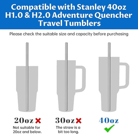 Tomorotec 40oz Straws, 14PCS Stainless Steel Replacement Straws for Stanley 40oz Adventure Quencher Travel Tumblers with Cleaning Brushes 2PCS, Food-Grade, Dishwasher Safe for Smoothies (Silver)
