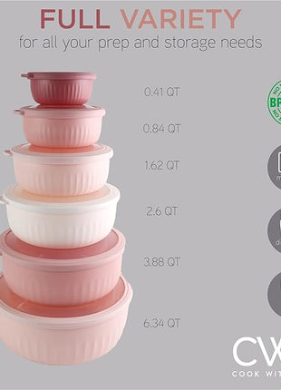 COOK WITH COLOR Prep Bowls with Lids- Wide and Deep Nesting Plastic Small Mixing Bowl Set with Lids, 12 Piece Set - Wide Bowls, Pink