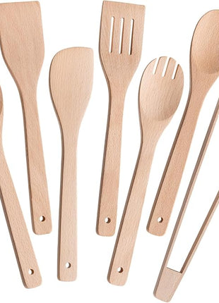 Wooden Spoons for Cooking 7-Piece, Kitchen Nonstick Wood Cooking Utensils Set, Durability Wooden Spatula Spoon for Everyday Use, Light Yellow