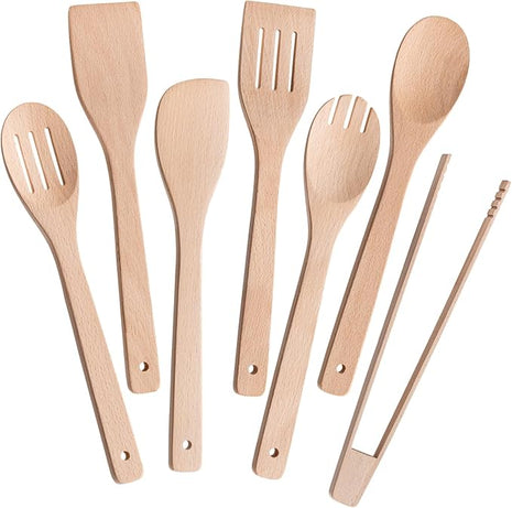 Wooden Spoons for Cooking 7-Piece, Kitchen Nonstick Wood Cooking Utensils Set, Durability Wooden Spatula Spoon for Everyday Use, Light Yellow