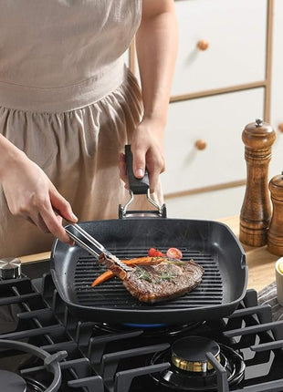 SKITCHN Grill Pan With Folding Handle, Nonstick for Stove Tops, Induction Compatible KBBQ With Pour Spouts, Indoor Square BBQ Grilling - 9IN