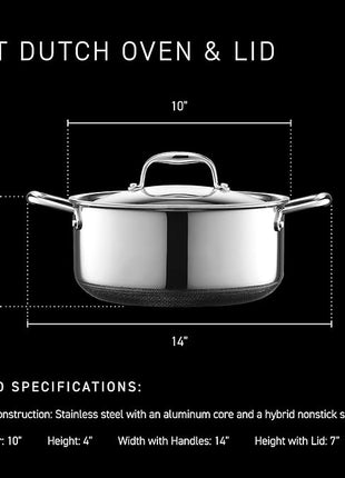 HexClad Hybrid Nonstick 5-Quart Dutch Oven with Stainless Steel Lid, Stay-Cool Handles, Dishwasher-Friendly, Oven-Safe Up to 900°F, Induction Ready, Compatible with All Cooktops