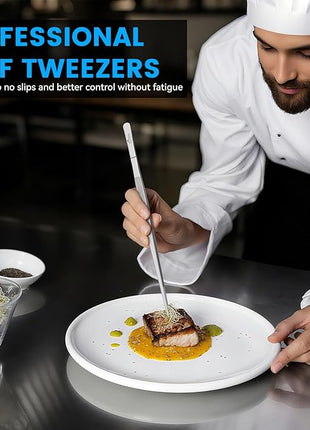 HOTEC Kitchen Tweezers Tongs Stainless Steel Professional Chef Tweezers, Set of 2-12inch Extra-Long Food Tongs for Cooking,Grill and Baking