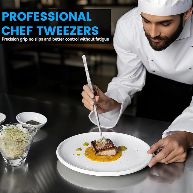 HOTEC Kitchen Tweezers Tongs Stainless Steel, Set of 4-10" and 12inch Extra-Long Food Tweezers Fine Kitchen Tongs for Cooking,Grill and Baking