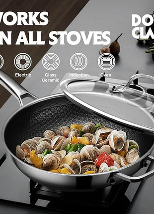 Wok pan,Hybrid 12 inch Wok with Lid, PFOA Free Cookware,non stick Stainless Steel Woks & Stir-fry pans Nonstick, Dishwasher and Oven Safe, Works on Induction