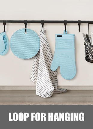 Rorecay 6pcs Oven Mitts and Pot Holders Sets, Extra Long Silicone Oven Gloves Heat Resistant 500 Degrees Non-Slip Potholders Hot Pads for Kitchen Baking Cooking, Quilted Liner, Winter Sky