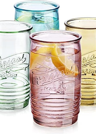 Glaver's Set Of 4 Original Mason Collins Glasses Assorted Colored Drinking Glasses For Juice, Cocktails, Beverage Glass Cups, Hand Wash-In Cold Water (Original Mason Colored 20 OZ)