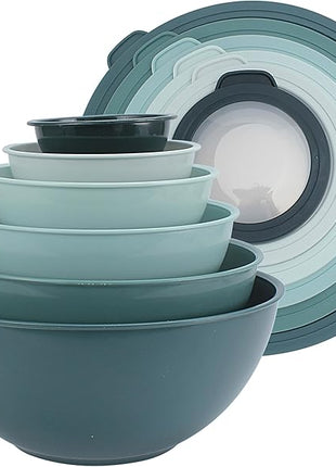 COOK WITH COLOR Mixing Bowls with TPR Lids - 12 Piece Plastic Nesting Bowls Set includes 6 Prep Bowls and 6 Lids, Microwave Safe Mixing Bowl Set (Teal)