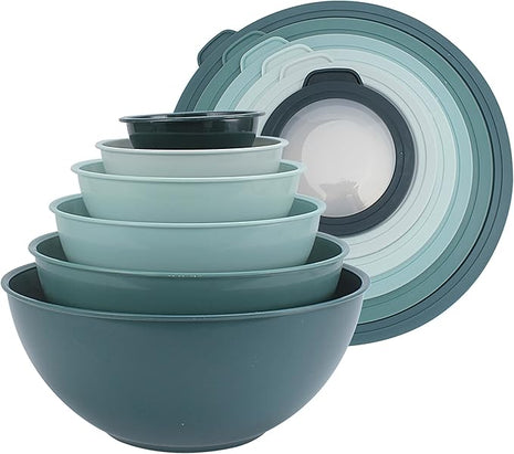 COOK WITH COLOR Mixing Bowls with TPR Lids - 12 Piece Plastic Nesting Bowls Set includes 6 Prep Bowls and 6 Lids, Microwave Safe Mixing Bowl Set (Teal)