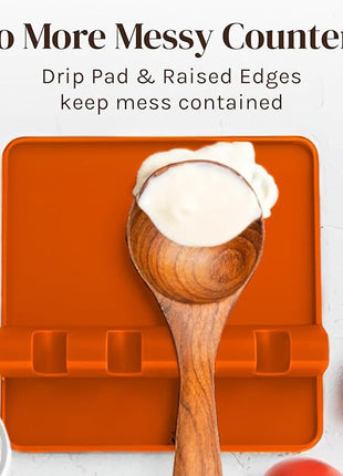 Orange Silicone Spoon Rest for Stove Top with Drip Pad (Two Pack) - Heat Resistant BPA Free Utensil Rest & Spoon Holder for Kitchen Counter - Grill Utensil Holder - Spatula Holder, Tongs, Ladle