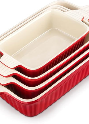 Bakeware Set of 4, MALACASA Porcelain Baking Pans Set for Oven, Casserole Dish, Ceramic Rectangular Baking Dish Lasagna Pans for Cooking Cake Pie Dinner Kitchen, Red (9.5"/11.25"/12.75"/14.5")