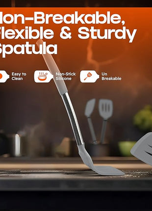 Silicone Spatula Set - Turner Spatulas Silicone Heat Resistant 600°F - Slotted & Solid Spatula for Cooking Fish, Eggs, Pancakes Flipper – Spatulas for kitchen use – Gray