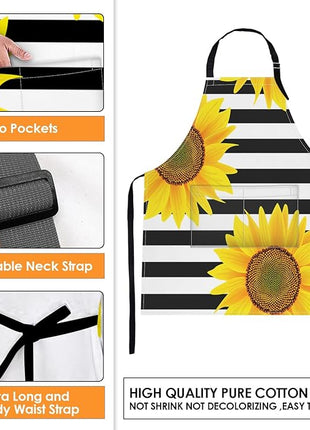 Britimes Apron Home Kitchen Cooking Baking Gardening for Women Men with Pockets Sunflowers Striped Black White Flower 32x28 inch