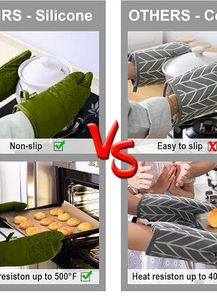 KEGOUU Oven Mitts and Pot Holders 6pcs Set, Kitchen Oven Glove High Heat Resistant 500 Degree Extra Long Oven Mitts and Potholder with Non-Slip Silicone Surface for Cooking (Olive Drab)