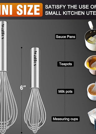 Walfos Mini Whisk,6+8 in Small Whisk,304 Stainless steel Whisks Heat Resistant 600°F,Nice for mixing salad dressings or beating an egg.Tiny whisk size great for narrow and shallow vessels.Silver