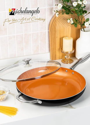MICHELANGELO Large Frying Pan with Lid, 14 Inch Ceramic Skillet with Nonstick Coating, Healthy Non Stick Fry Pan, Induction Compatible