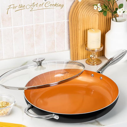 MICHELANGELO Large Frying Pan with Lid, 14 Inch Ceramic Skillet with Nonstick Coating, Healthy Non Stick Fry Pan, Induction Compatible