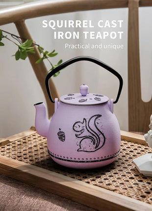 Toptier Teapot with Removable Infuser, Cast Iron Tea Kettle Stovetop Safe, Squirrel Design Tea Pot Coated with Enameled Interior for 32 Ounce (950 ml), Purple