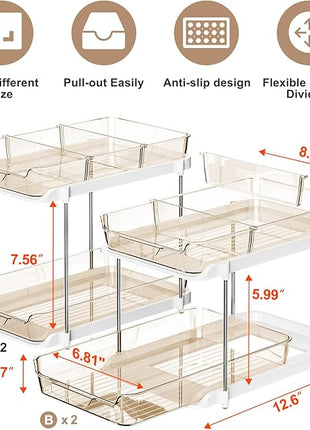 Delamu 2-Tier Multi-Purpose Bathroom Under Sink Organizers and Storage, Stackable Kitchen Pantry Organization, Pull Out Medicine Cabinet Organizer with Movable Dividers, Amber, 4 Pack