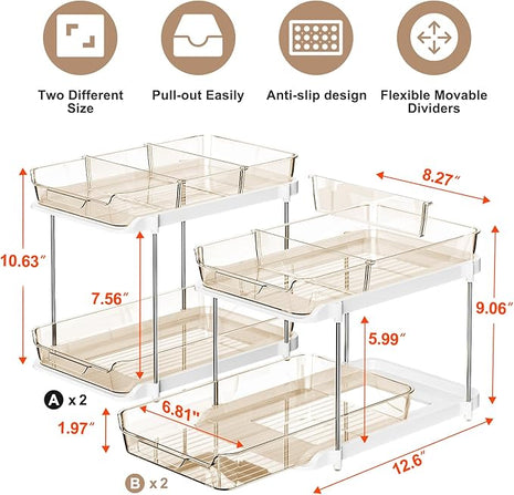Delamu 2-Tier Multi-Purpose Bathroom Under Sink Organizers and Storage, Stackable Kitchen Pantry Organization, Pull Out Medicine Cabinet Organizer with Movable Dividers, Amber, 4 Pack