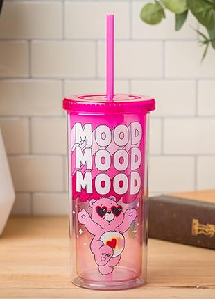 Silver Buffalo Care Bears Mood Plastic Tall Cold Cup with Lid and Straw Featuring Love-A-Lot Bear, 20 Ounces