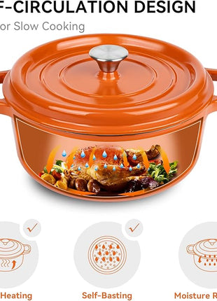 Miereirl 6.5 Quart Enameled Dutch Oven Pot with Lid, Cast Iron Dutch Oven with Dual Handles for Bread Baking, Cooking, Non-stick Enamel Coated Cookware (Orange)